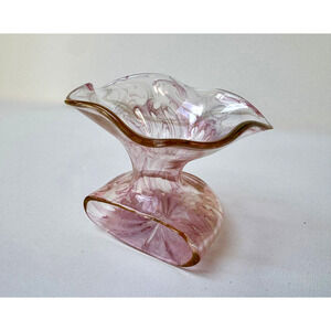 Murano-Style Free-Form Art Glass Sculpture, Pink Swirl with Amber Rim